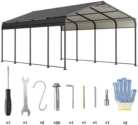 【LuckyNote】 12X20 FT Metal Carport, Outdoor Car Shelter All Weather, Heavy Duty Outdoor Galvanized Car Shelter for Car Boat Truck and SUVs Black,The Package Will be Shipped in 3 Separate parcels