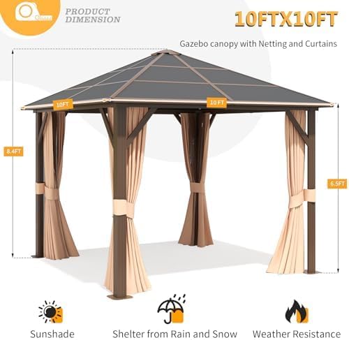 10' x 10' Gazebo Single Polycarbonate Top, Outdoor Aluminum Frame Canopy Pergolas with Curtains and Netting, for Patios