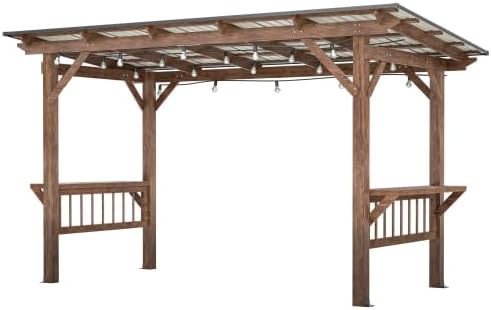 【LuckyNote】 13' x 6.5' Wooden Pergola Grill Gazebo with Metal Roof & Bulbs & Bar Counters,The Package Will be Shipped in 4 Separate parcels