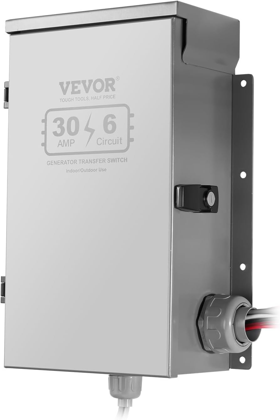 VEVOR Manual Transfer, 30-Amp 6-Circuit, Prewired Generator Transfer Kit with NEMA L14-30P Power Inlet Box, Double-Throw, NEMA 3R, Mechanical Watt Meter, for 7500W Generators
