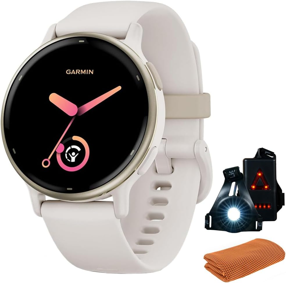 Garmin 010-02862-11 Vivoactive 5 Fitness Smartwatch, Ivory Bundle with Workout Cooling Sport Towel and Deco Essentials Wearable Commuter Front and Rear Safety Light