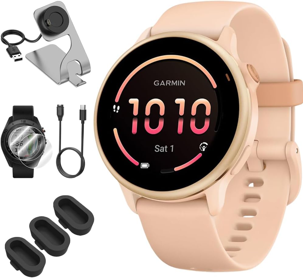 Garmin 010-02985-03 VIVOACTIVE 6 Health & Fitness GPS Smartwatch, Pink Dawn with Silicone Band Bundle with Deco Essentials Charging Dock, Type C Charger, Silicone Dust Covers & 2X Screen Protector