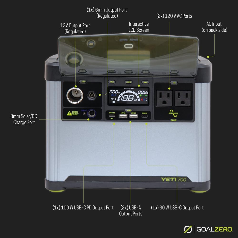 Goal Zero Yeti Portable Power Station, Yeti 700, 677 Watt Hour LiFePO4 Battery, Water Resistant & Dustproof Solar Generator for Outdoors, Camping, Tailgating, & Home, Clean Renewable Off-Grid Power
