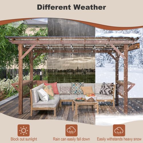 【LuckyNote】 13' x 6.5' Wooden Pergola Grill Gazebo with Metal Roof & Bulbs & Bar Counters,The Package Will be Shipped in 4 Separate parcels