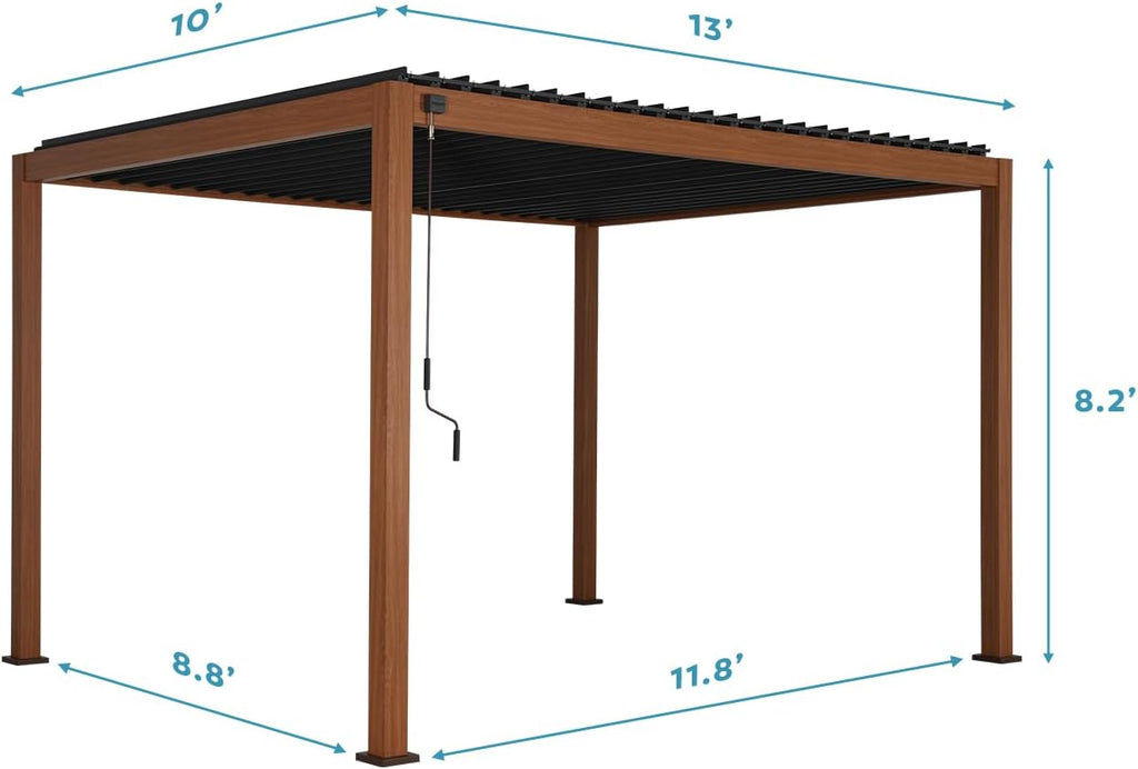 MIRADOR 111S Takasho Louvered Pergola 10x13 Wood Grain Outdoor Aluminum Pergola with Adjustable Rainproof Roof Full Aluminum Frame Ideal for Outdoor Deck Garden Patio Durable, Cherry Oak