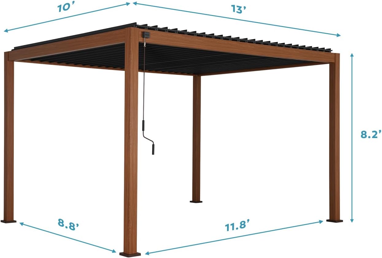 MIRADOR 111S Takasho Louvered Pergola 10x13 Wood Grain Outdoor Aluminum Pergola with Adjustable Rainproof Roof Full Aluminum Frame Ideal for Outdoor Deck Garden Patio Durable, Cherry Oak