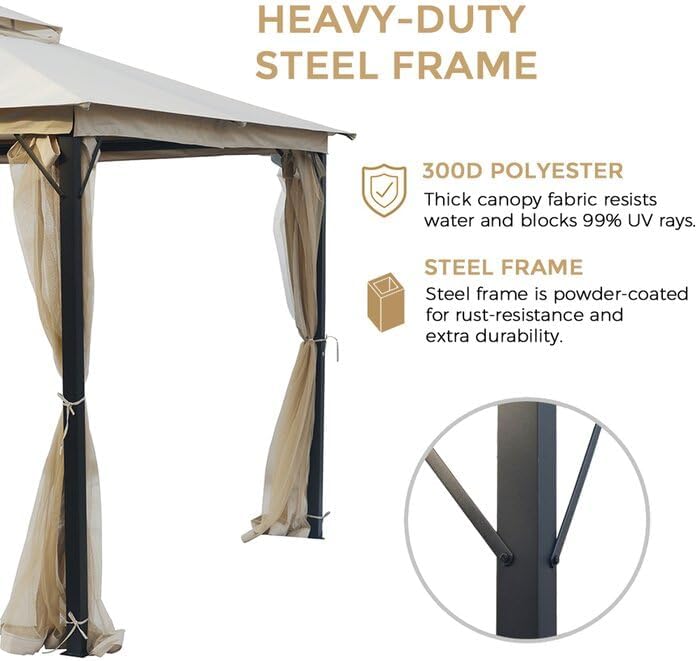 Patio Gazebo 10x10, Outdoor Gazebos, Heavy Duty Gazebo Soft Top Gazebos, Double Roofs Anti-UV Shelter with Privacy Netting for Patio Deck Backyard Garden Lawns
