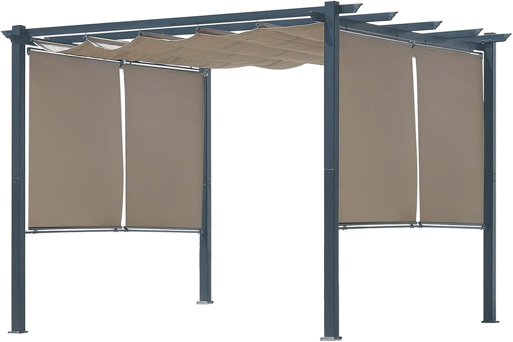 10 x 10 Ft Outdoor Aluminum Pergola, Retractable Canopy & 2 Sides Shades for Patio Backyard Garden Deck