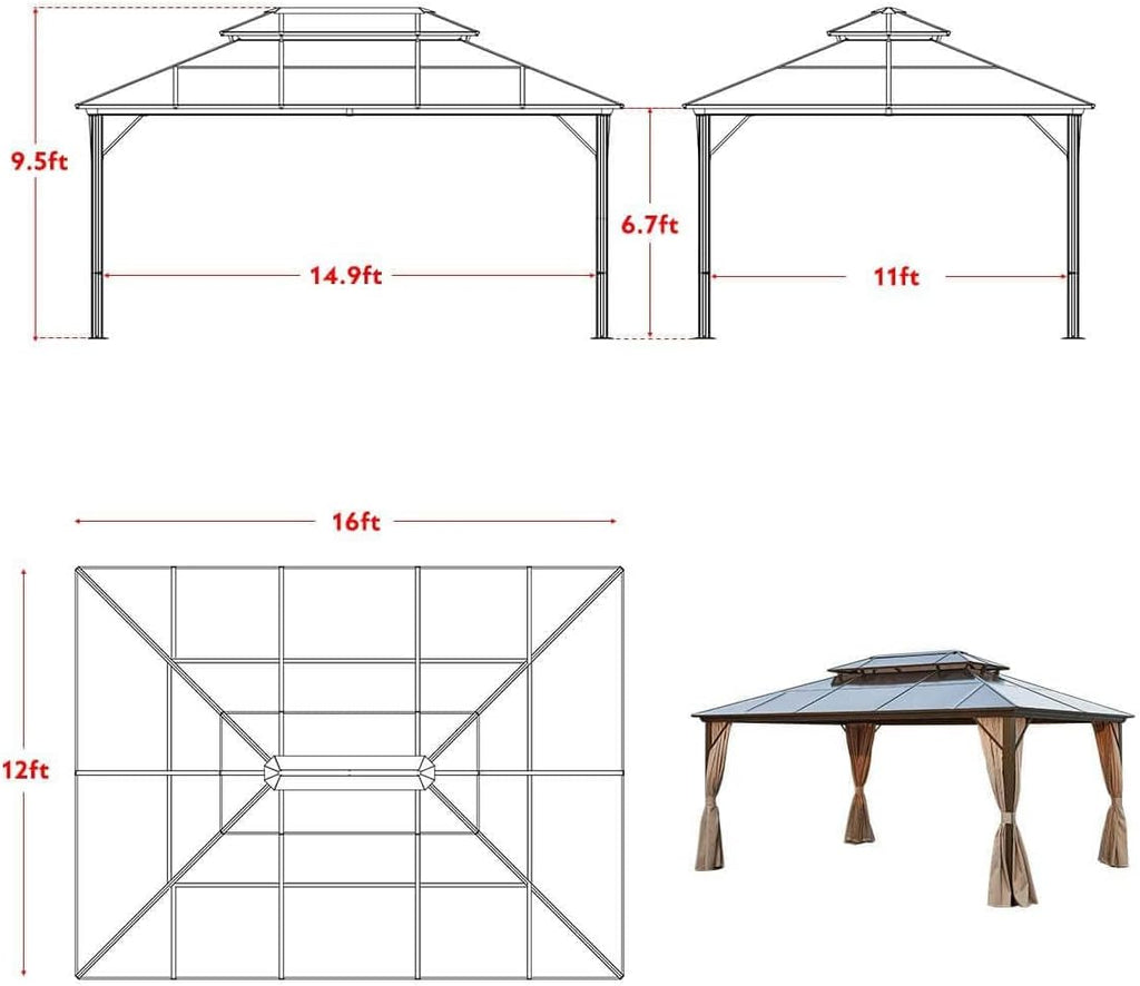 MELLCOM 12x16ft Outdoor Polycarbonate Double Hardtop Roof Gazebo, Aluminum Furniture Gazebo Canopy with Netting and Curtains for Garden, Patio, Lawns, Party and Deck