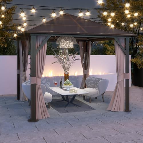 10' x 10' Gazebo Single Polycarbonate Top, Outdoor Aluminum Frame Canopy Pergolas with Curtains and Netting, for Patios