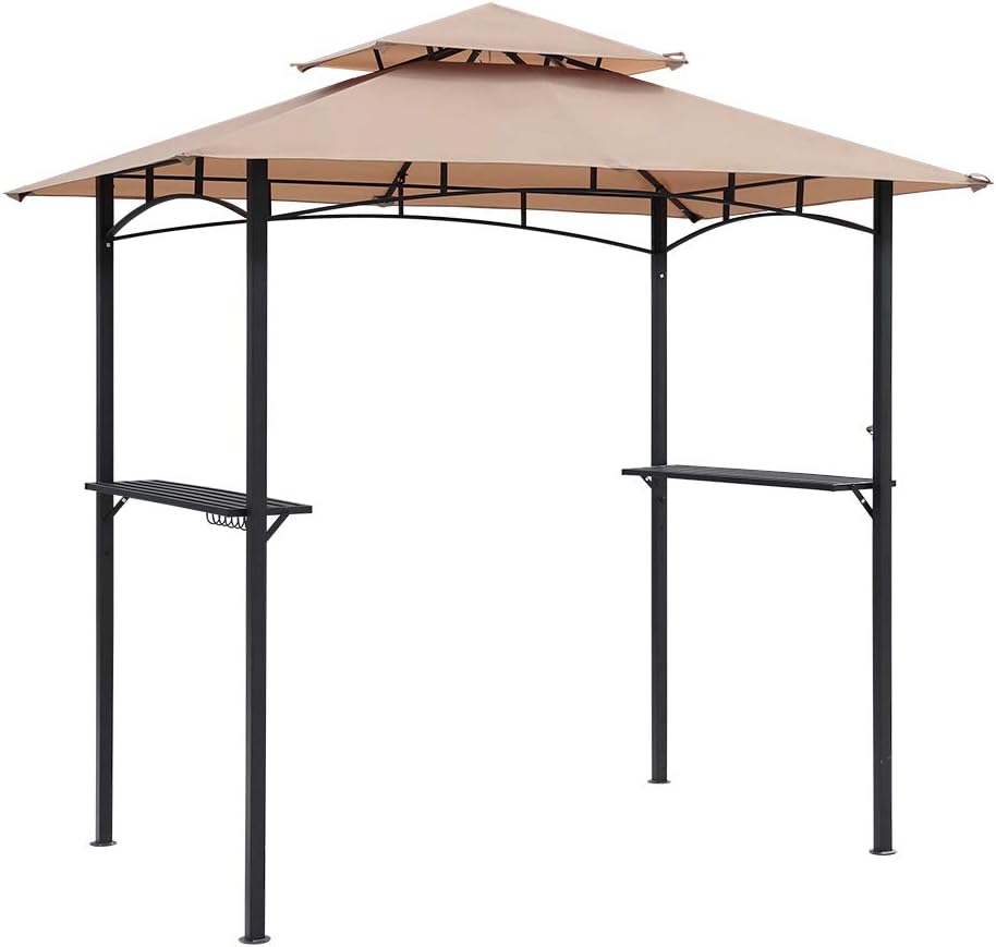 8'x5' Grill Steel Hardtop Patio Barbecue Gazebo with Shelving Double Tiered Outdoor BBQ Gazebo Canopy Roof Steel Frame with Storage Shelves Hanging Rails Hooks Tan