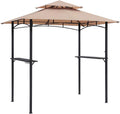 8'x5' Grill Steel Hardtop Patio Barbecue Gazebo with Shelving Double Tiered Outdoor BBQ Gazebo Canopy Roof Steel Frame with Storage Shelves Hanging Rails Hooks Tan