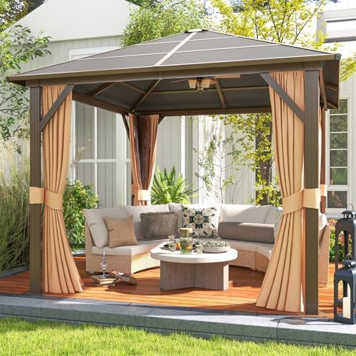 10' x 10' Gazebo Single Polycarbonate Top, Outdoor Aluminum Frame Canopy Pergolas with Curtains and Netting, for Patios