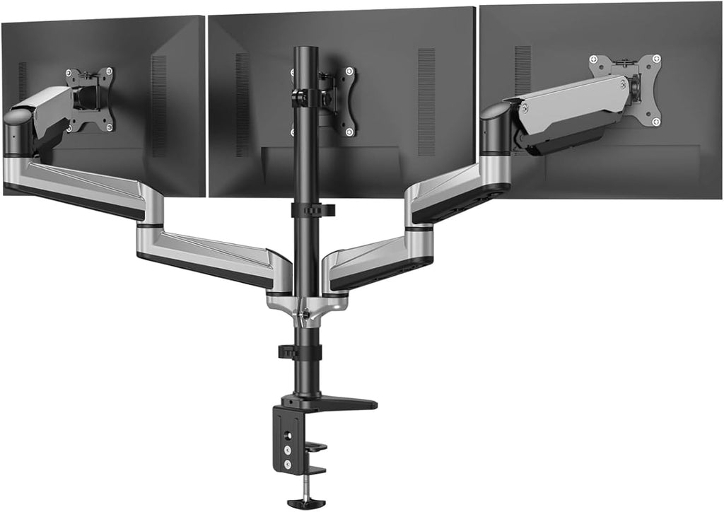 HUANUO Gaming Triple Monitor Stand, Full Motion Articulating Triple Monitor Mount Fit 17 to 32 inch Flat/Curved LCD Computer Screens with Clamp, Grommet Kit, Silver