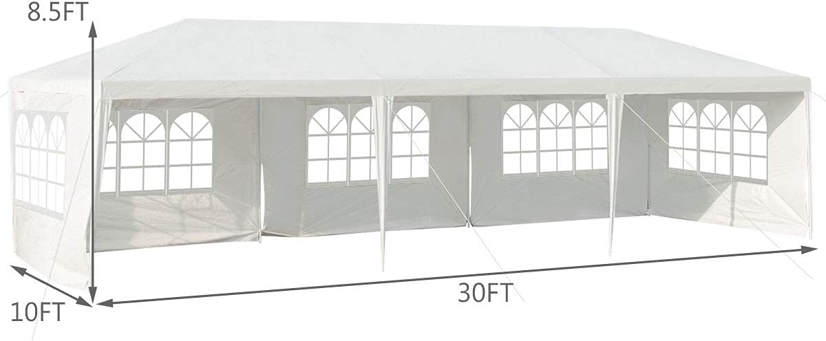 Tangkula 10' x 30' Party Tent, Portable Outdoor Tent with 5 Removable Sidewalls, and Connection Stakes, Ropes, Suitable for BBQ, Beach, Garden and Outdoor Events, Wedding Tent, White