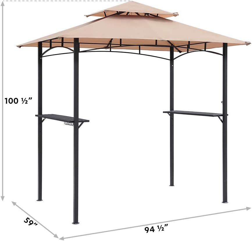 8'x5' Grill Steel Hardtop Patio Barbecue Gazebo with Shelving Double Tiered Outdoor BBQ Gazebo Canopy Roof Steel Frame with Storage Shelves Hanging Rails Hooks Tan