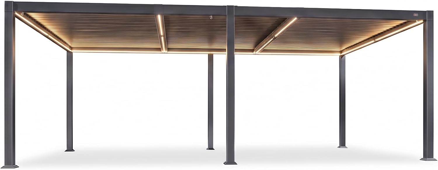 PURPLE LEAF Louvered Pergola 92KS 11.5' x 20.5' with LED Strip Lights Aluminum Modern Outdoor Pergola with Adjustable Louvered Roof for Patio Deck Garden Yard Gray