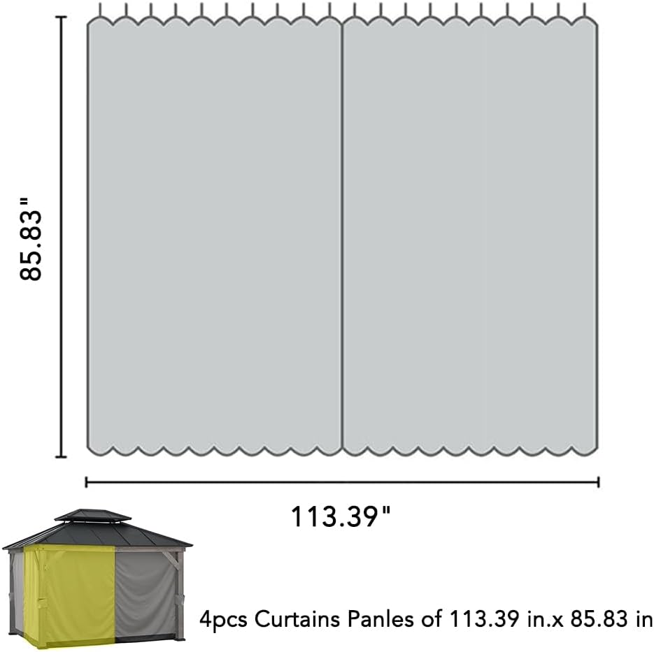 Sunjoy Replacement Curtains Panles,Waterproof Gazebo Privacy Curtain, 4-Panel Screen Walls for 10 x 12 ft Gazebo, Patio & Backyard Protection, Grey