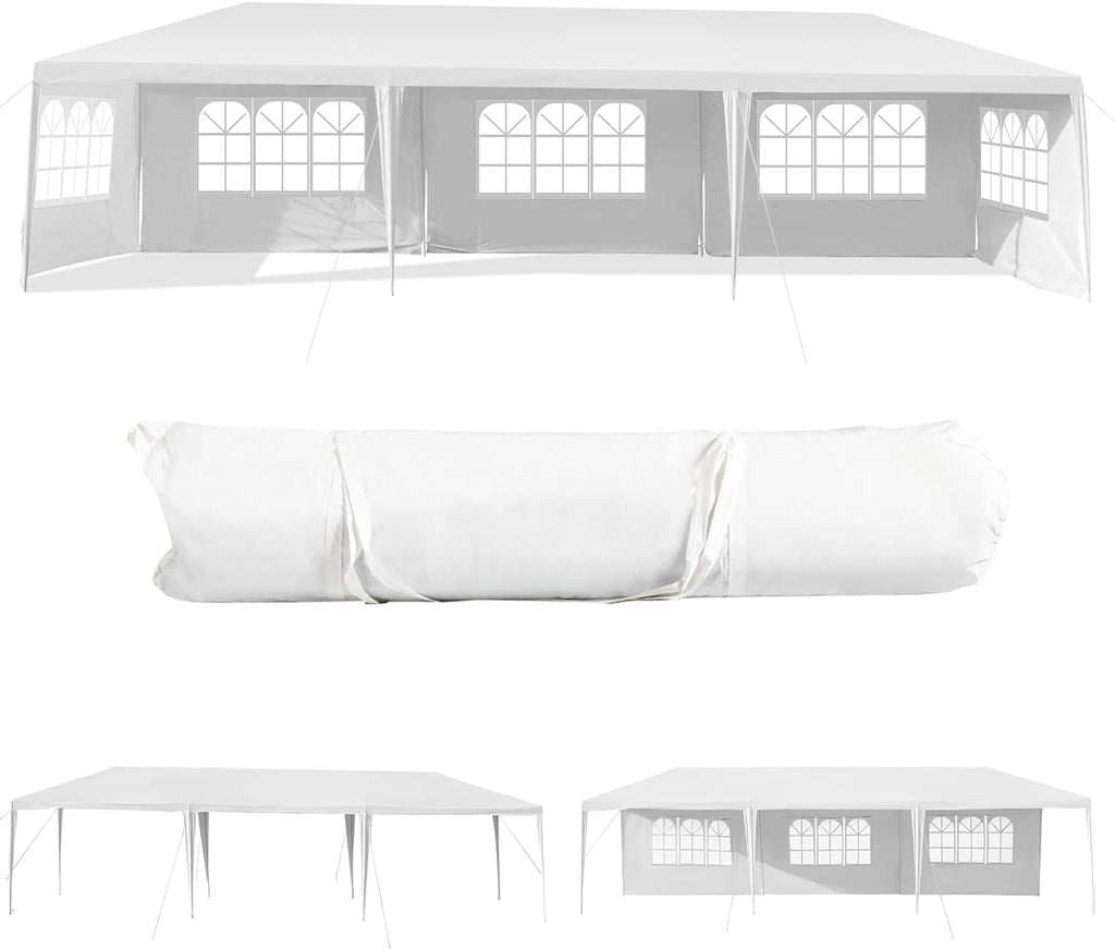 Tangkula 10'x30' Outdoor Canopy Tent Heavy Duty Party Wedding Event Tent Sturdy Steel Frame with 5 Removable Sidewalls Waterproof Sun Snow Rain Shelter Gazebo Canopy Tent, White