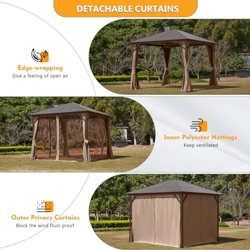 10' x 10' Gazebo Single Polycarbonate Top, Outdoor Aluminum Frame Canopy Pergolas with Curtains and Netting, for Patios