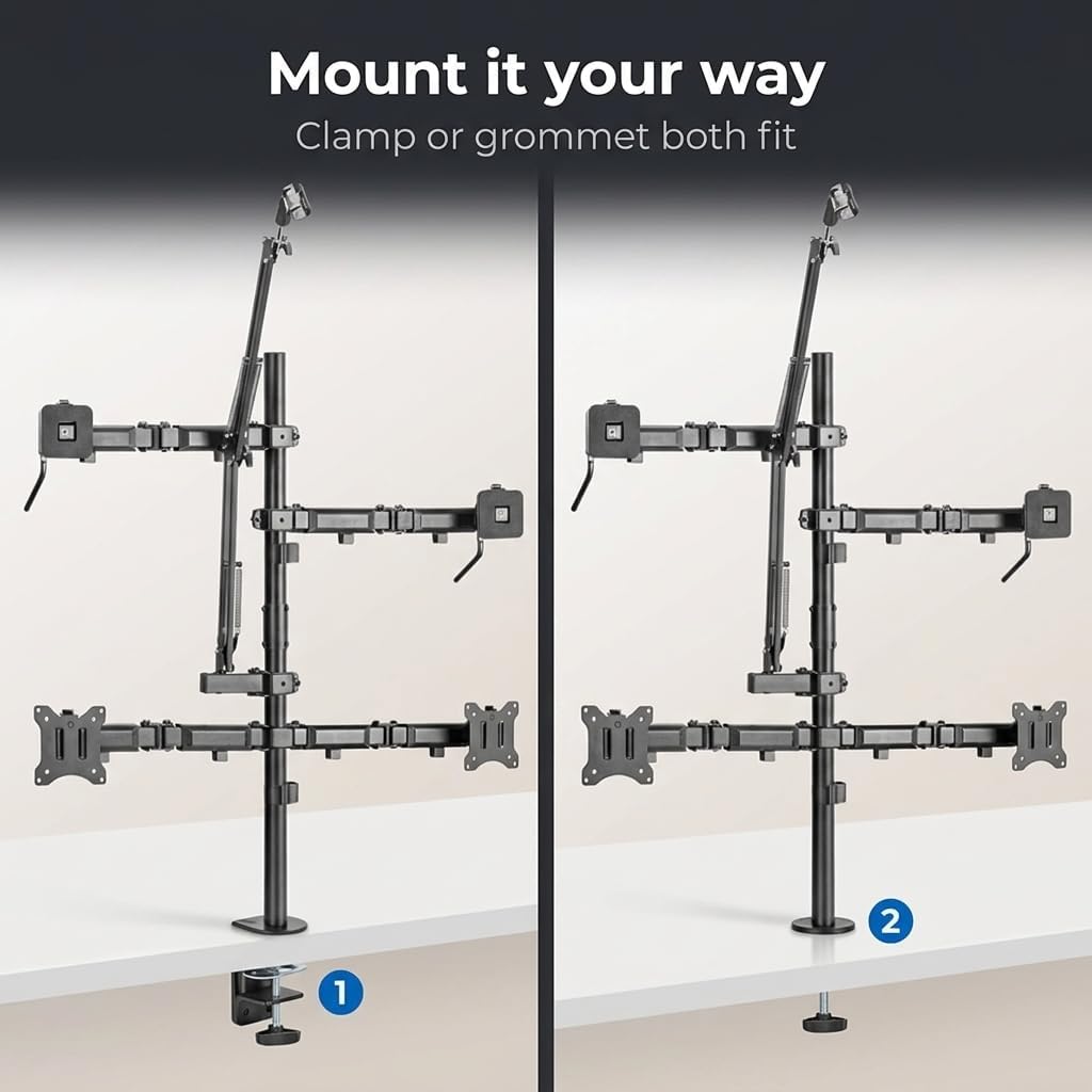 Mount-It! All in One Live Streaming Equipment - 5 Arm Desk Mount - Holds Dual Monitors, Cameras, Ring Light with Mic Desktop Stand Set, YouTube Setup for Podcasting, Gaming, Zoom, Clamp/Grommet Base