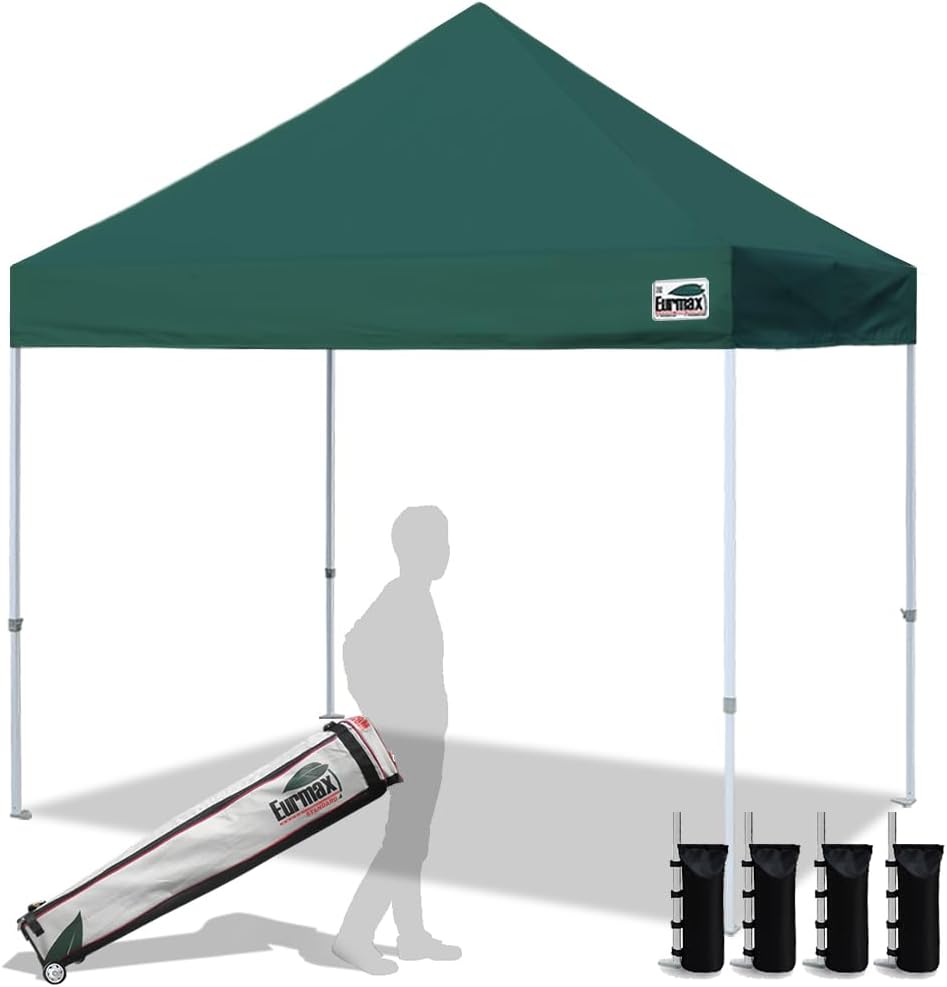 Eurmax USA 8x8ft Pop Up Canopy, Commercial Instant Tent for Outdoor Events, Patented No-Tip Rolling Storage Bag with 4 Sandbags, UV & Water Resistant, Heavy Duty Portable Shelter Gazebo,Forest Green