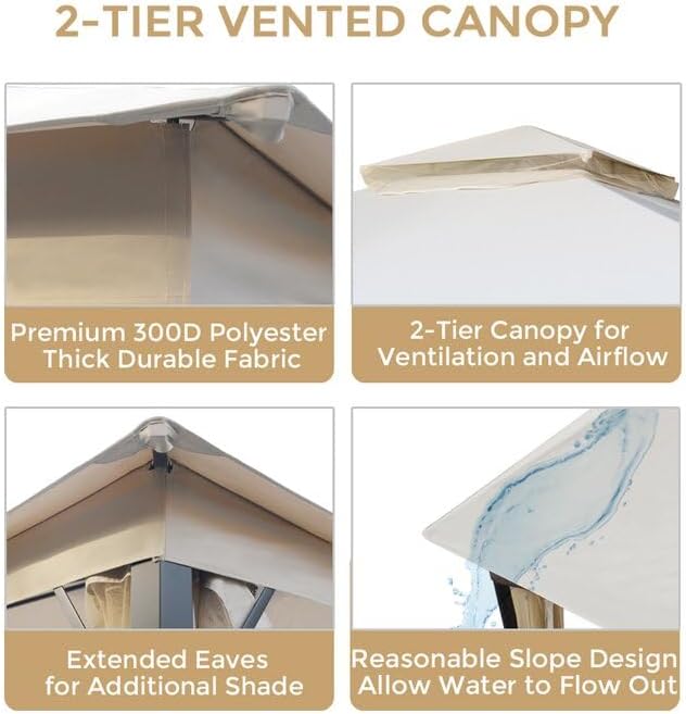 Patio Gazebo 10x10, Outdoor Gazebos, Heavy Duty Gazebo Soft Top Gazebos, Double Roofs Anti-UV Shelter with Privacy Netting for Patio Deck Backyard Garden Lawns