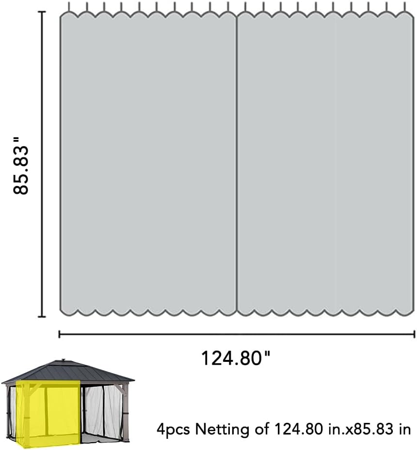 Sunjoy Mosquito Netting for 11 ft. ×13 ft. Wood-Framed Gazebos, Outdoor 4-Panel Sidewall Mesh Netting Screen with Zipper, Black