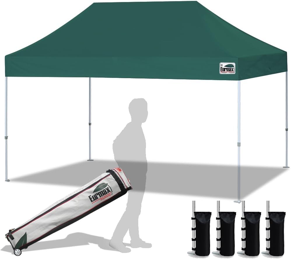 Eurmax USA 10x15ft Pop Up Canopy, Commercial Instant Tent for Outdoor Events, Patented No-Tip Rolling Storage Bag with 4 Sandbags,UV & Water Resistant,Heavy Duty Portable Shelter Gazebo,Forest Green