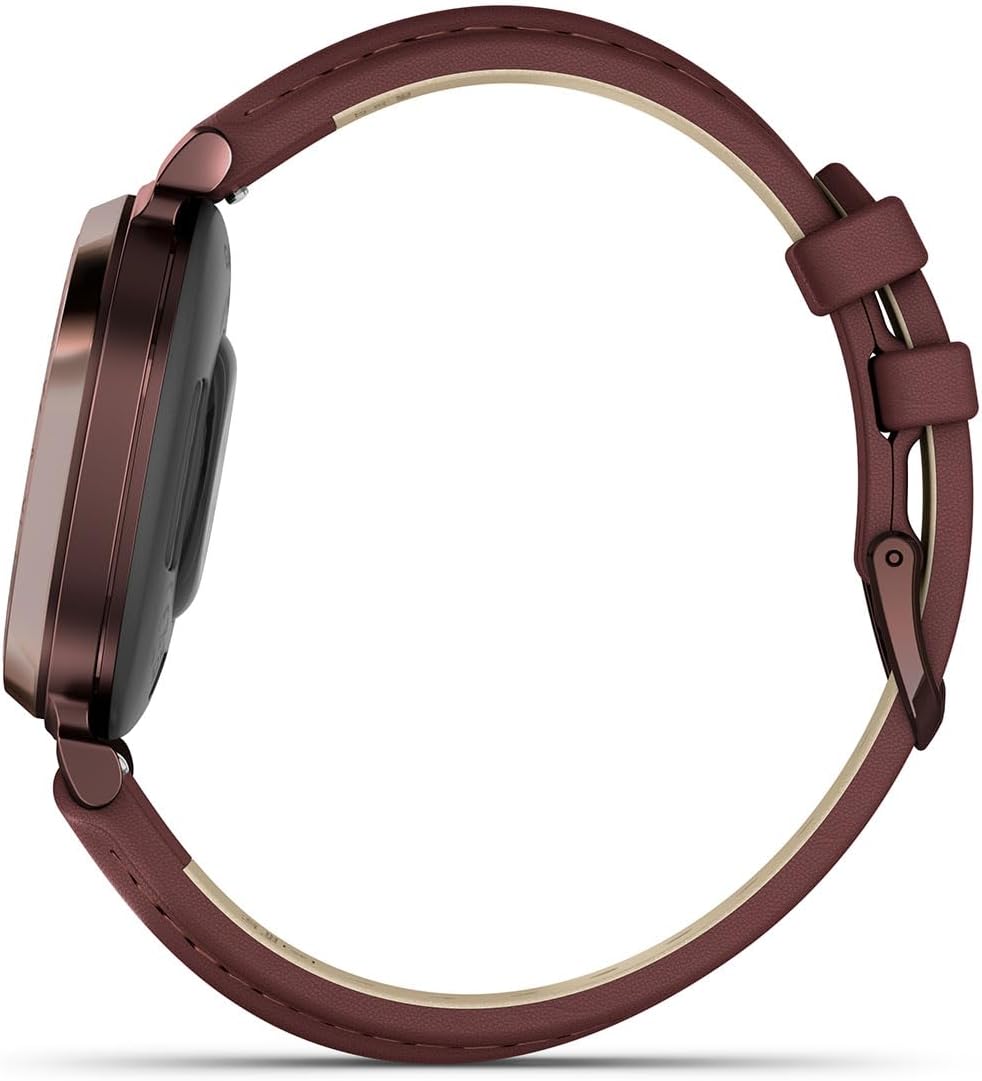 PlayBetter Garmin Lily 2 Classic (Dark Bronze/Mulberry Leather) Women's Fitness Smartwatch Bundle - Ladies Watch with Hidden Display, 5-Day Battery & Garmin Pay - Includes Portable Charger
