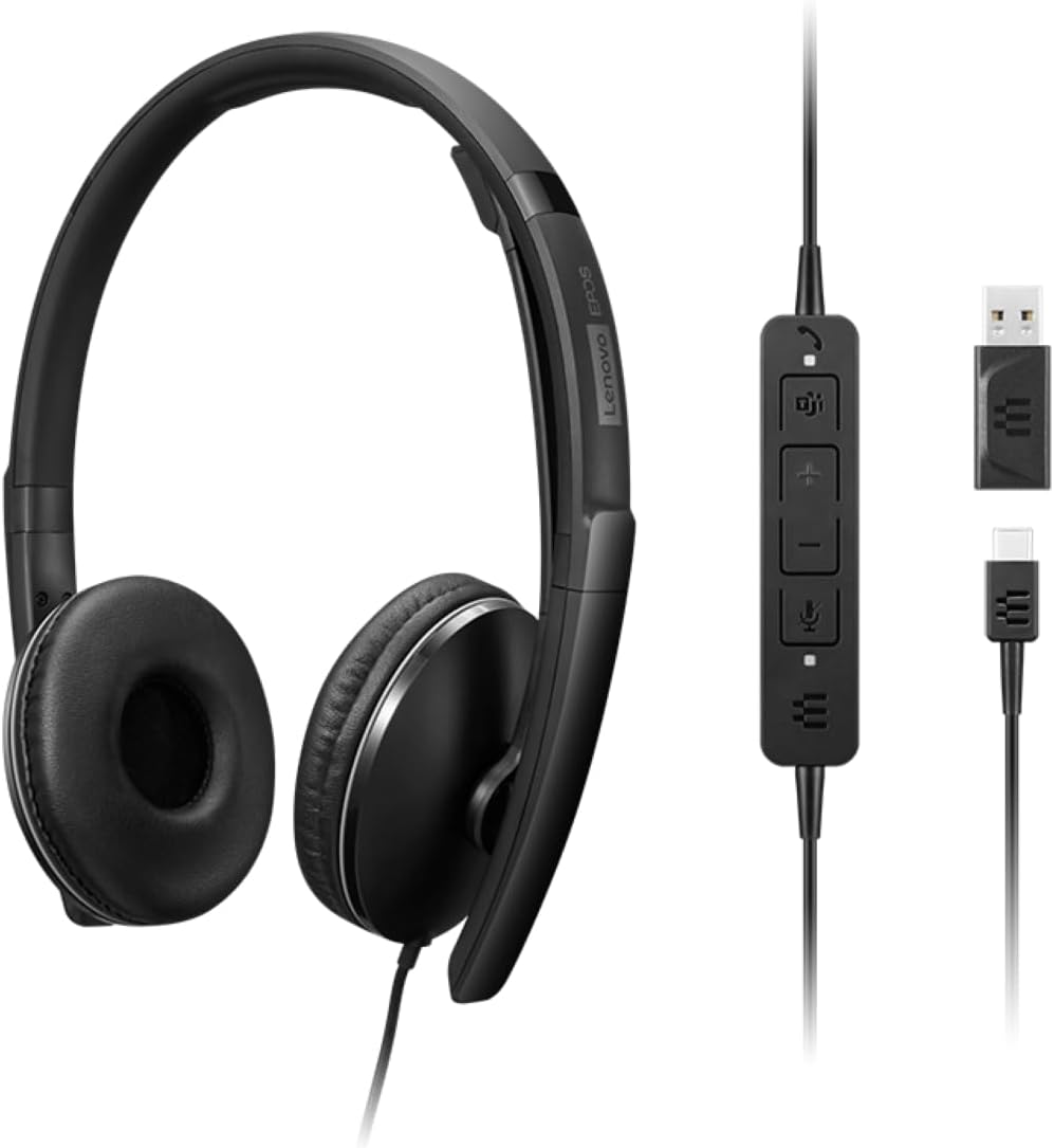 Lenovo Wired ANC Headset Gen 2 (Teams) with Active Noise Cancellation, EPOS BrainAdapt & ActiveGard Tech, Lightweight, USB-C, Plug-and-Play, Zoom Certified, Customizable, Hearing Protection