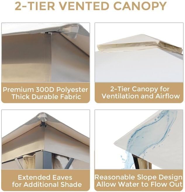 Sannwsg Outdoor Patio Gazebo 10x10 FT, Soft Top Gazebo Canopy with Double Roof, Metal Frame, Mosquito Netting, for Backyard & Deck, Beige