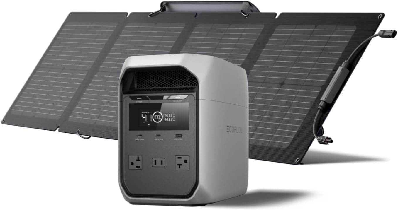 EF ECOFLOW Solar Generator Delta 3 Classic 1024Wh with 110W Solar Panel, LFP Battery Portable Power Station 1800W AC/100W USB-C Output (3600W Surge), 1 Hr Fast Charge for Home, Camping, RV