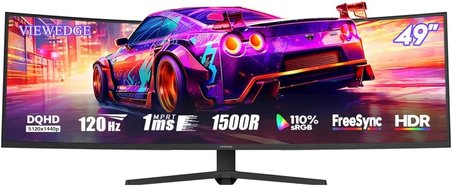 Viewedge 49' Curved Monitor Ultrawide Gaming 120Hz 1ms 32:9 DQHD 5120 x 1440P Computer Monitor, R1500, 110% sRGB, DisplayPort, HDMI,Support Crosshair and Wall Mount