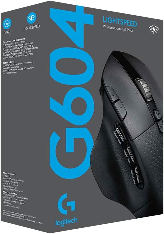 Logitech G604 Lightspeed Wireless Gaming Mouse with 15 programmable Controls, up to 240 Hour Battery Life, Dual Wireless connectivity Modes, Hyper-Fast Scroll Wheel - Black