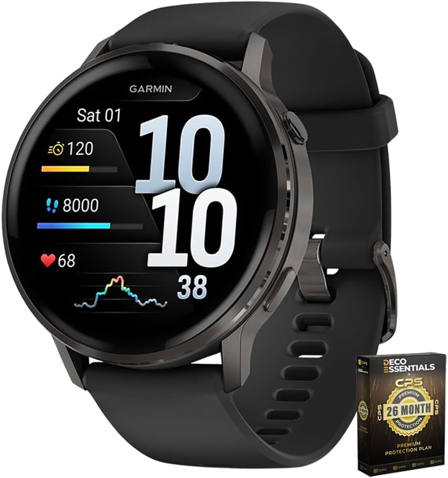Garmin 010-03014-00 Venu 4, 45 mm Health & Fitness GPS Smartwatch, Slate with Black Silicone Band Bundle with Deco Essentials Exclusive 26 Month CPS Enhanced Protection Pack