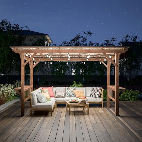 【LuckyNote】 13' x 6.5' Wooden Pergola Grill Gazebo with Metal Roof & Bulbs & Bar Counters,The Package Will be Shipped in 4 Separate parcels