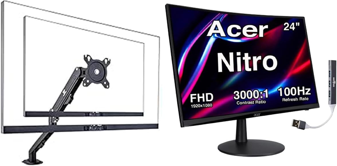 Acer Nitro 24' Monitor, FreeSync 100?Hz FHD 1500R Curve ZeroFrame Design with 1ms Response Time, VESA Mount (100mm), VGA, HDMI & Dockztorm USB Port Expander, Black (2026) & Ergoflexy Single Mount Arm