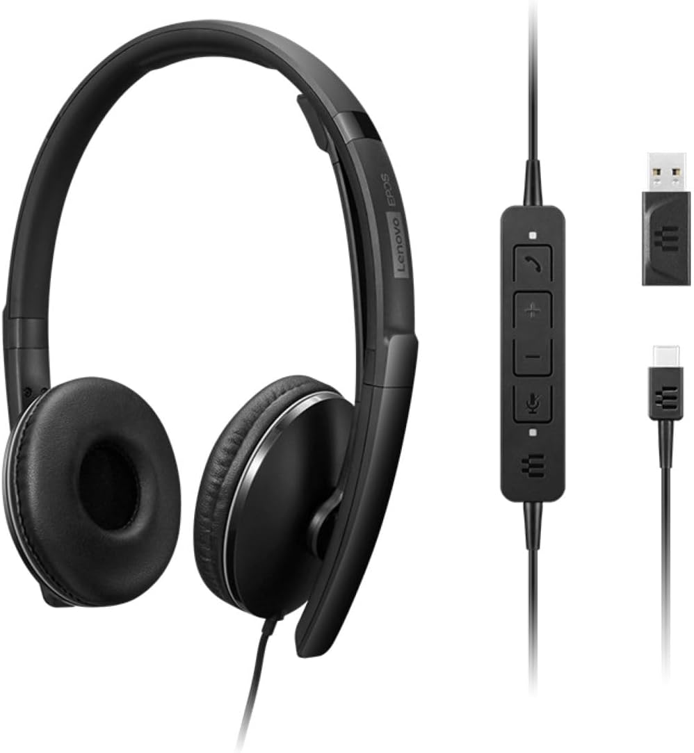 Lenovo Wired ANC Headset, USB-C and USB-A connectivity, Zoom Certified, Active Noise Cancellation, Hearing Protection, 145g Lightweight Comfortable Design, Replaceable Earcups, Business Headset