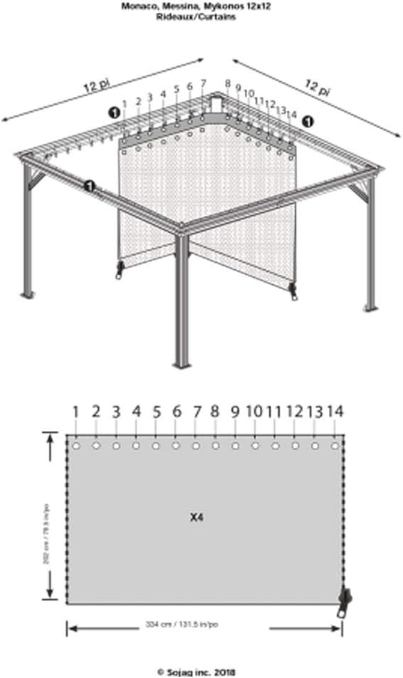 Sojag Accessories Set of 4 12' x 12' Curtains for Monaco/Messina/Mykonos Outdoor Gazebo Models, Curtain only, Mosquito Netting not Included, Grey