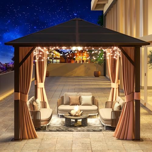 10' x 10' Gazebo Single Polycarbonate Top, Outdoor Aluminum Frame Canopy Pergolas with Curtains and Netting, for Patios