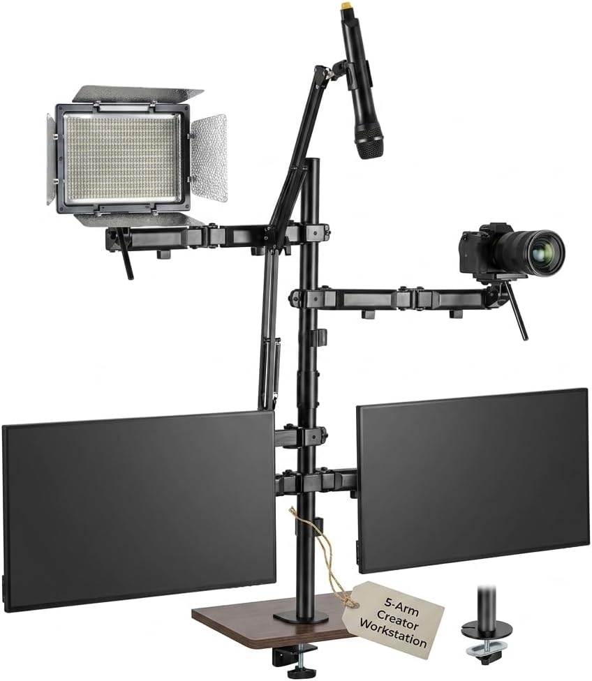 Mount-It! All in One Live Streaming Equipment - 5 Arm Desk Mount - Holds Dual Monitors, Cameras, Ring Light with Mic Desktop Stand Set, YouTube Setup for Podcasting, Gaming, Zoom, Clamp/Grommet Base