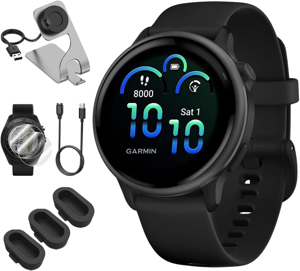 Garmin 010-02985-00 VIVOACTIVE 6 Health & Fitness GPS Smartwatch, Black with Silicone Band Bundle with Deco Essentials Charging Dock, USB Type C Charger, Silicone Dust Covers & 2X Screen Protector
