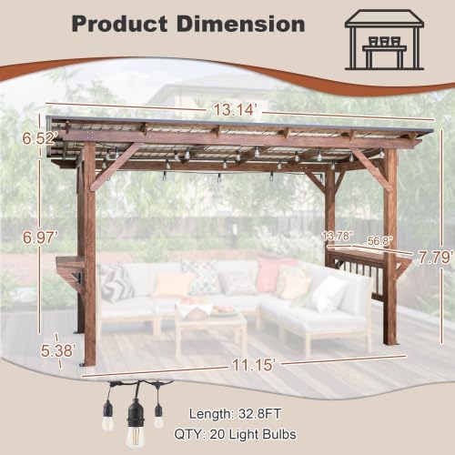 【LuckyNote】 13' x 6.5' Wooden Pergola Grill Gazebo with Metal Roof & Bulbs & Bar Counters,The Package Will be Shipped in 4 Separate parcels