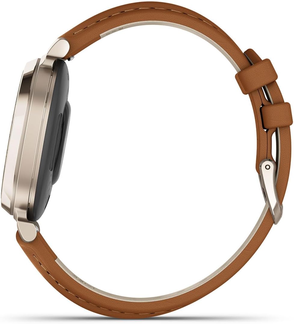 PlayBetter Garmin Lily 2 Classic (Cream Gold/Tan Leather) Women's Fitness Smartwatch Bundle - Ladies Watch with Hidden Display, 5-Day Battery & Garmin Pay - Includes Portable Charger