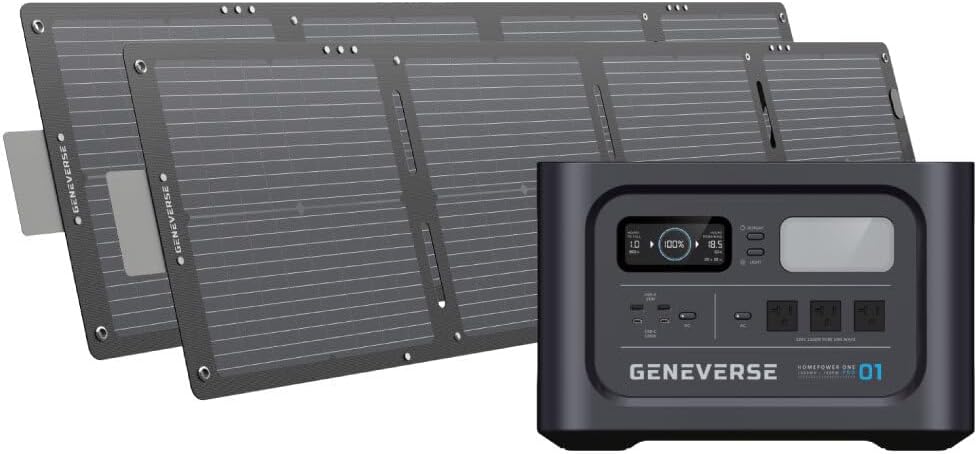 Geneverse 1210Wh Solar Generator Bundle: 1X HomePower ONE PRO Power Station (3X 1200W AC Outlets) + 2X 100W Mini Solar Panels. Indoor-Safe, LiFePO4 Backup Battery Generator for Home. (60-GVUS-SG2M2)