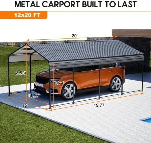 【LuckyNote】 12X20 FT Metal Carport, Outdoor Car Shelter All Weather, Heavy Duty Outdoor Galvanized Car Shelter for Car Boat Truck and SUVs Black,The Package Will be Shipped in 3 Separate parcels