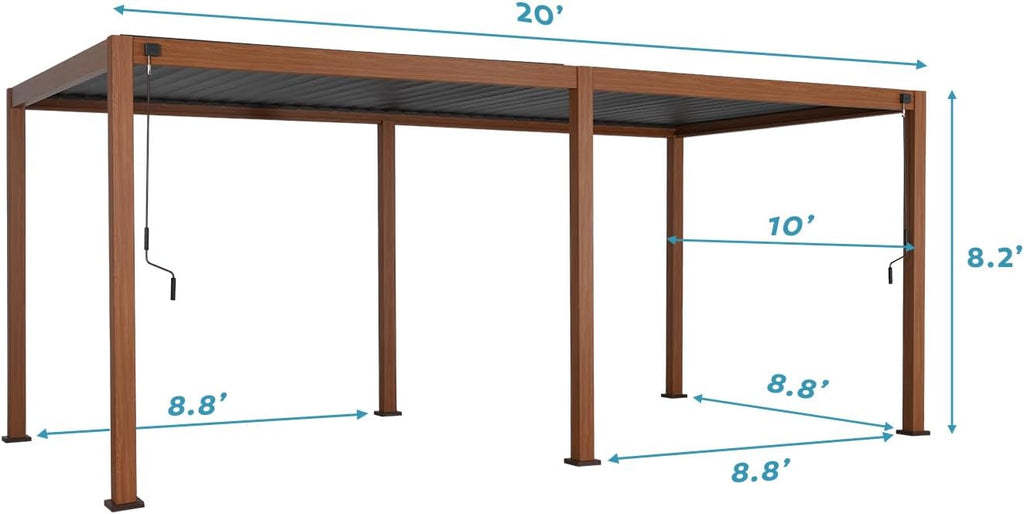 MIRADOR 111S Takasho Louvered Pergola, 10Ft x 20Ft, Full Aluminum Frame, Adjustable Roof for Outdoor Deck Garden Patio, Durable, Cherry Oak