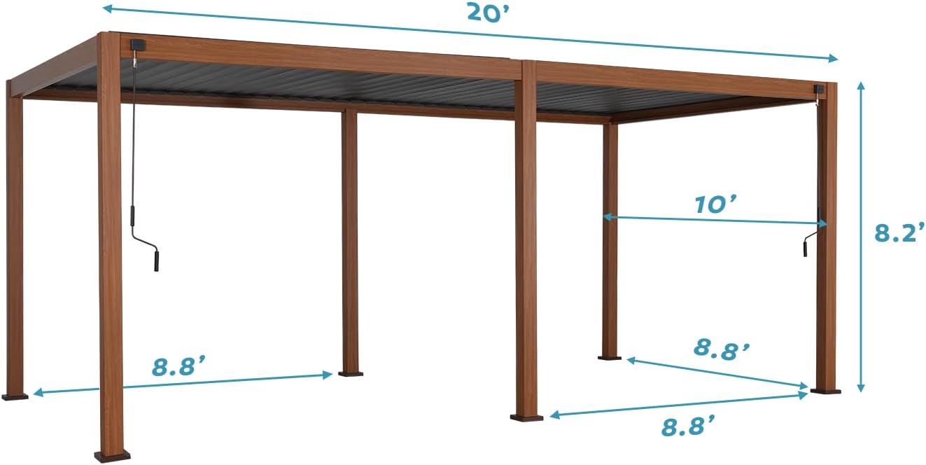 MIRADOR 111S Takasho Louvered Pergola, 10Ft x 20Ft, Full Aluminum Frame, Adjustable Roof for Outdoor Deck Garden Patio, Durable, Cherry Oak