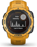 Garmin Instinct Solar, Solar-Powered Rugged Outdoor Smartwatch, Built-in Sports Apps and Health Monitoring, Sunburst Yellow (Renewed)